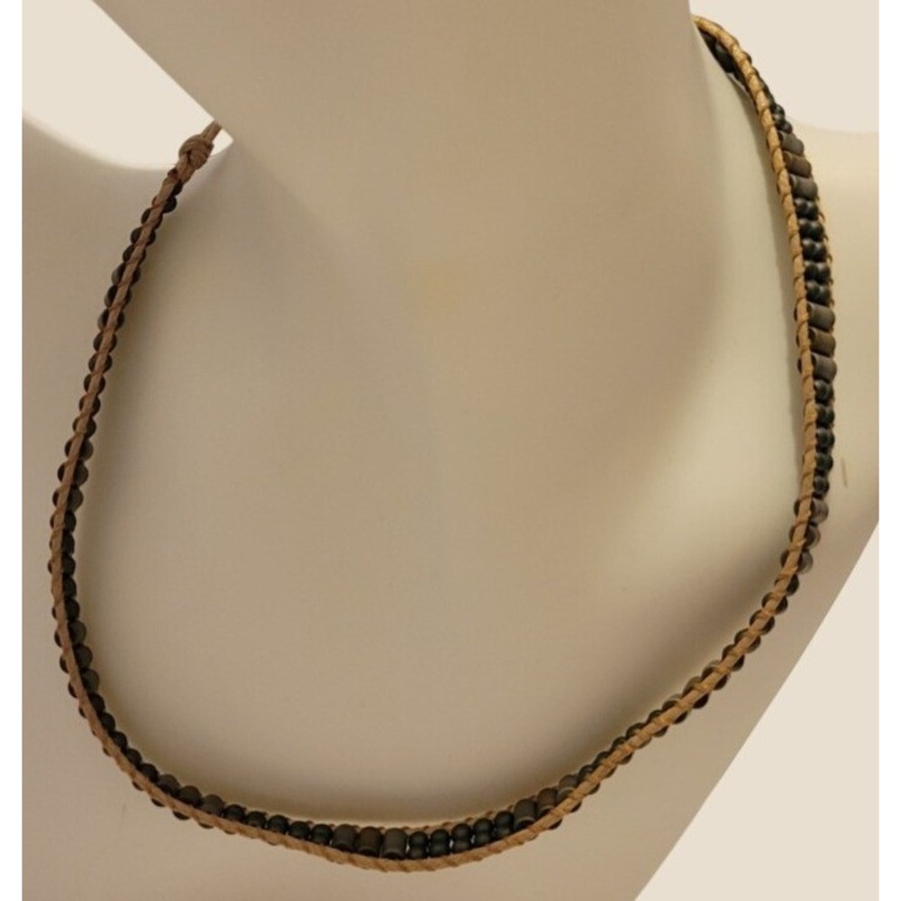 Katie Soleil Choker Necklace Handmade Boho Beaded Cord Tan Gunmetal Black